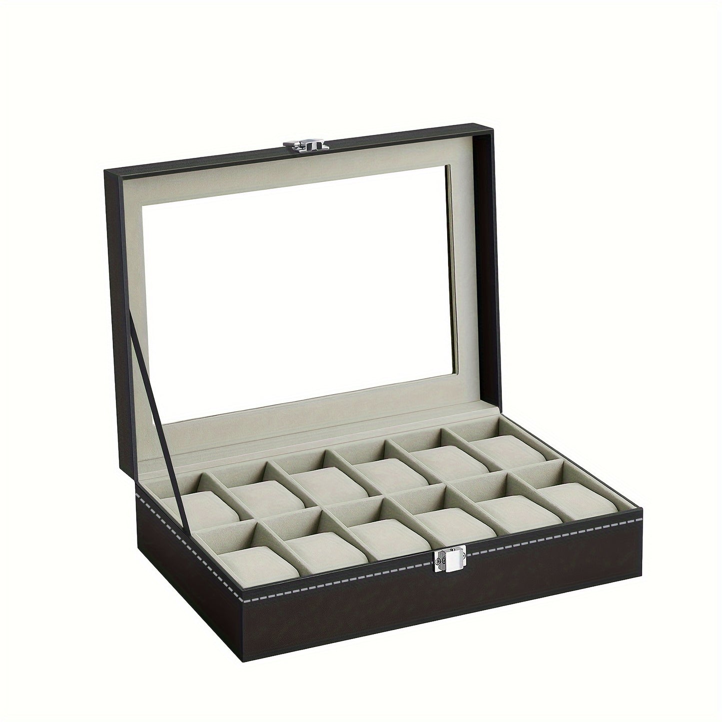 12 Slot Gray Watch Storage Box, Transparent Watch Box, PU Leather Wrapped, Ideal choice for Gifts
