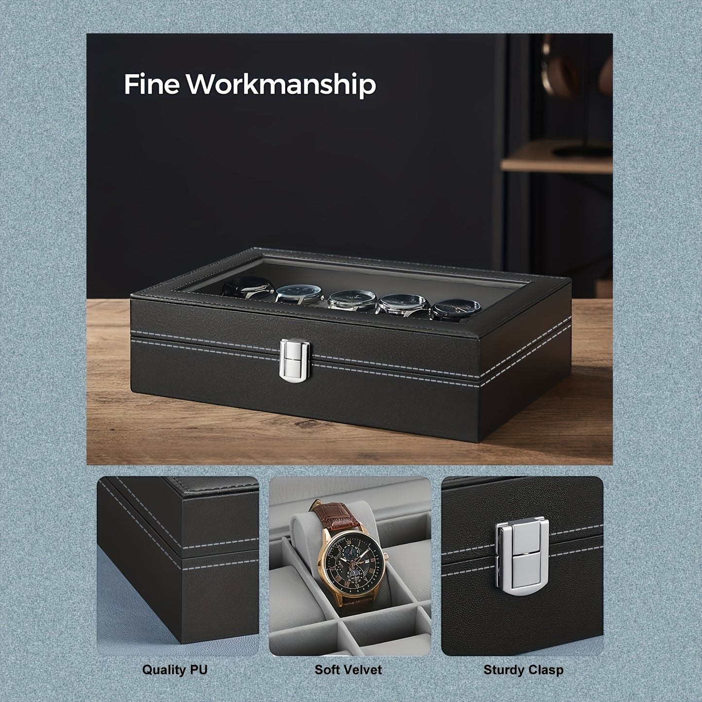 12 Slot Gray Watch Storage Box, Transparent Watch Box, PU Leather Wrapped, Ideal choice for Gifts