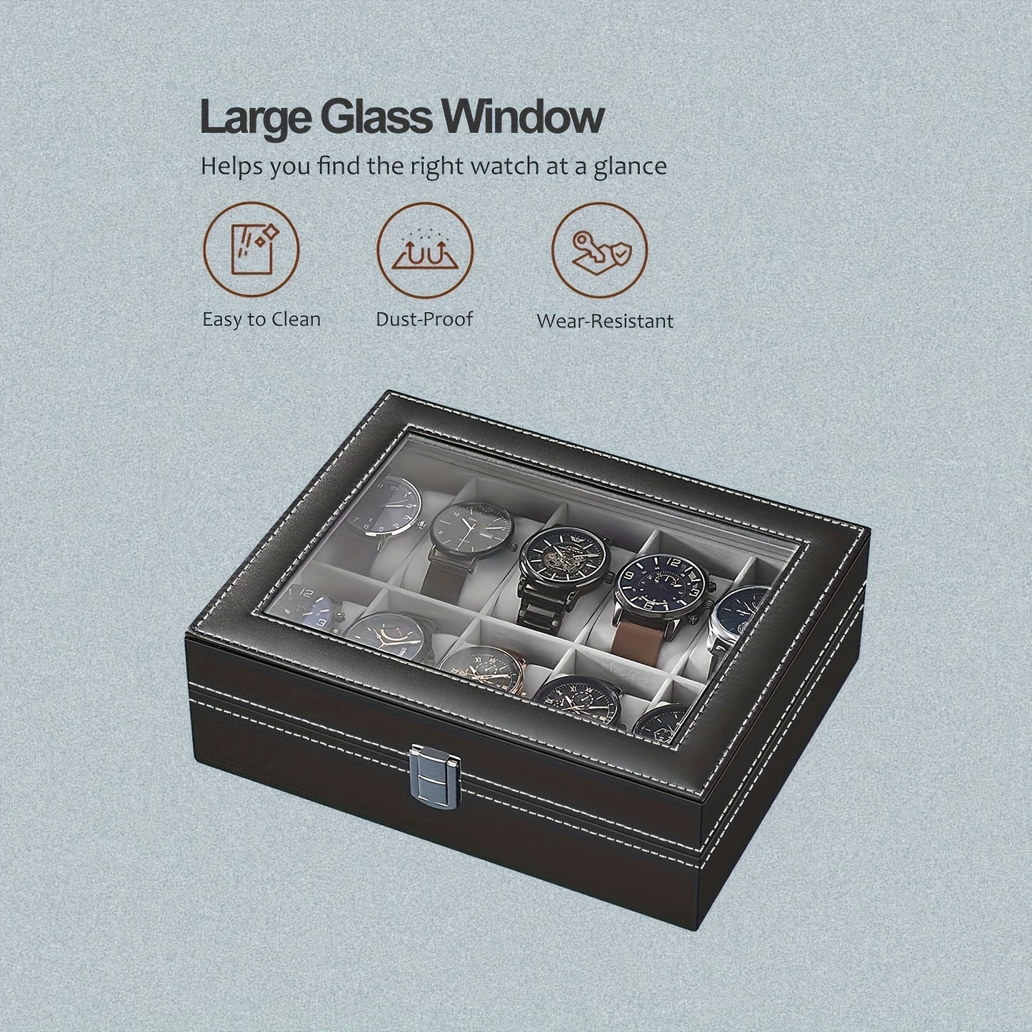 12 Slot Gray Watch Storage Box, Transparent Watch Box, PU Leather Wrapped, Ideal choice for Gifts