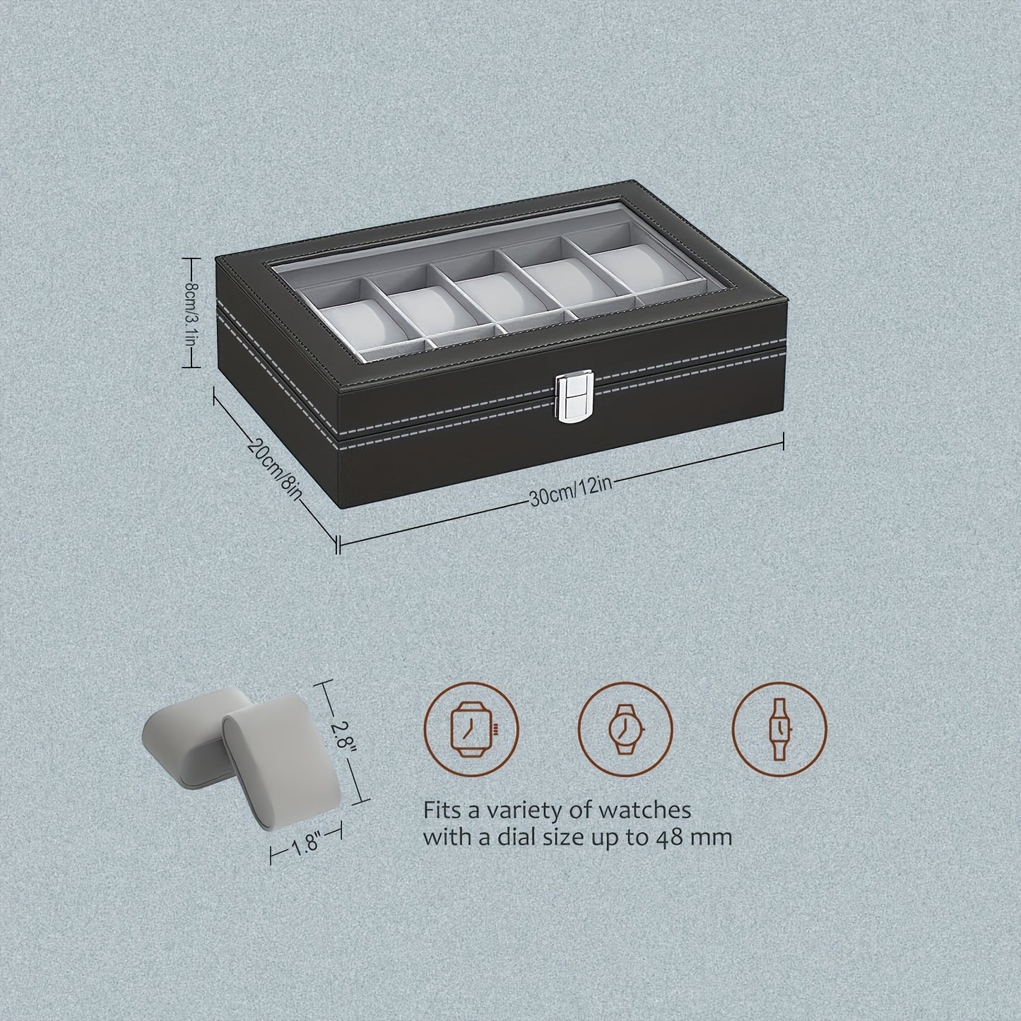 12 Slot Gray Watch Storage Box, Transparent Watch Box, PU Leather Wrapped, Ideal choice for Gifts