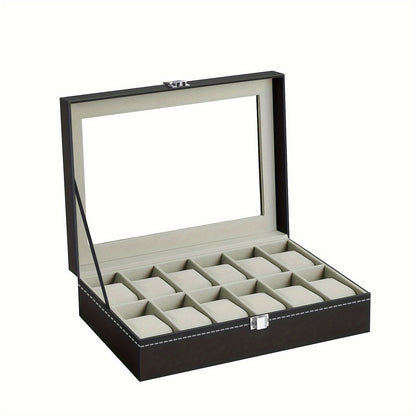 12 Slot Gray Watch Storage Box, Transparent Watch Box, PU Leather Wrapped, Ideal choice for Gifts