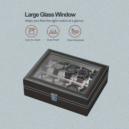 12 Slot Gray Watch Storage Box, Transparent Watch Box, PU Leather Wrapped, Ideal choice for Gifts