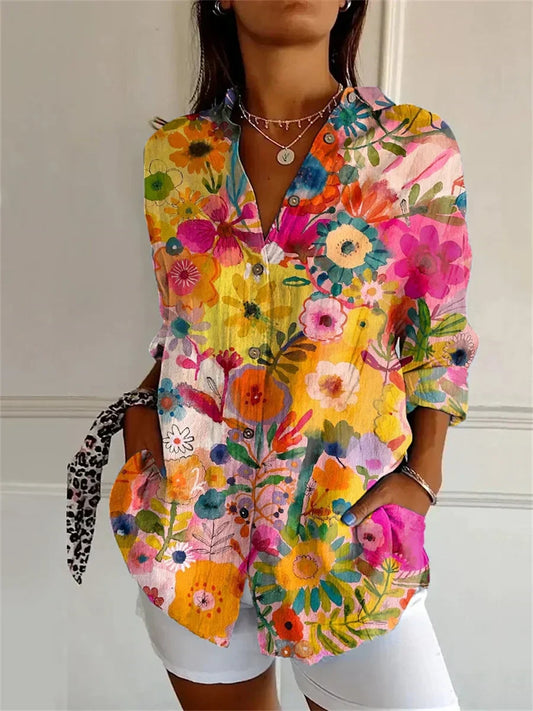 Sandra - Blusenjacke mit rosa Muster in Gelb