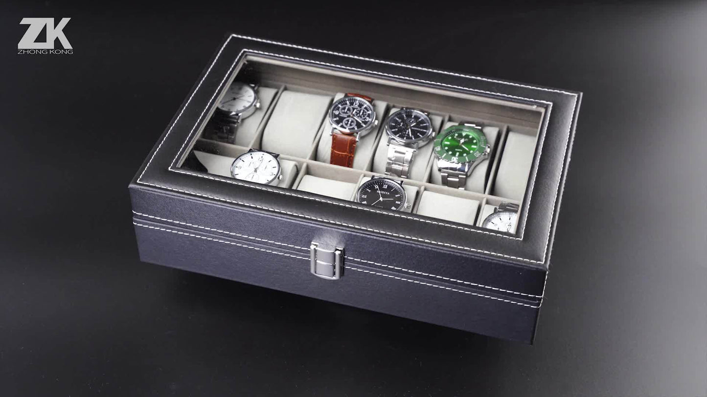 12 Slot Gray Watch Storage Box, Transparent Watch Box, PU Leather Wrapped, Ideal choice for Gifts