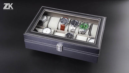 12 Slot Gray Watch Storage Box, Transparent Watch Box, PU Leather Wrapped, Ideal choice for Gifts