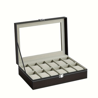 12 Slot Gray Watch Storage Box, Transparent Watch Box, PU Leather Wrapped, Ideal choice for Gifts